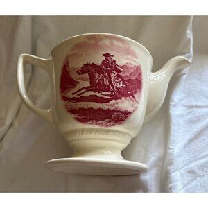 Vintage Cream Ceramic Teapot With Cowboy Horse Scene & Red Floral Handle Design